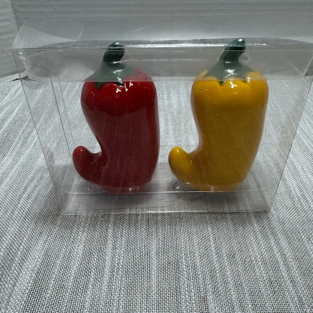 Salt and pepper, shakers, jalapeño, yellow, and red new in the package 3.75”